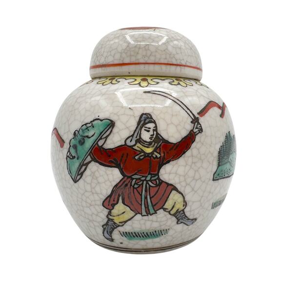 Vintage Chinese Warrior Porcelain Ginger Jar Crackle Glaze Small Vase